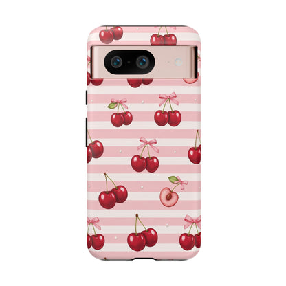 Coquette Cherry Bow Phone Case | Cute Pink Aesthetic Cherry Pattern Tough Case for iPhone & Samsung