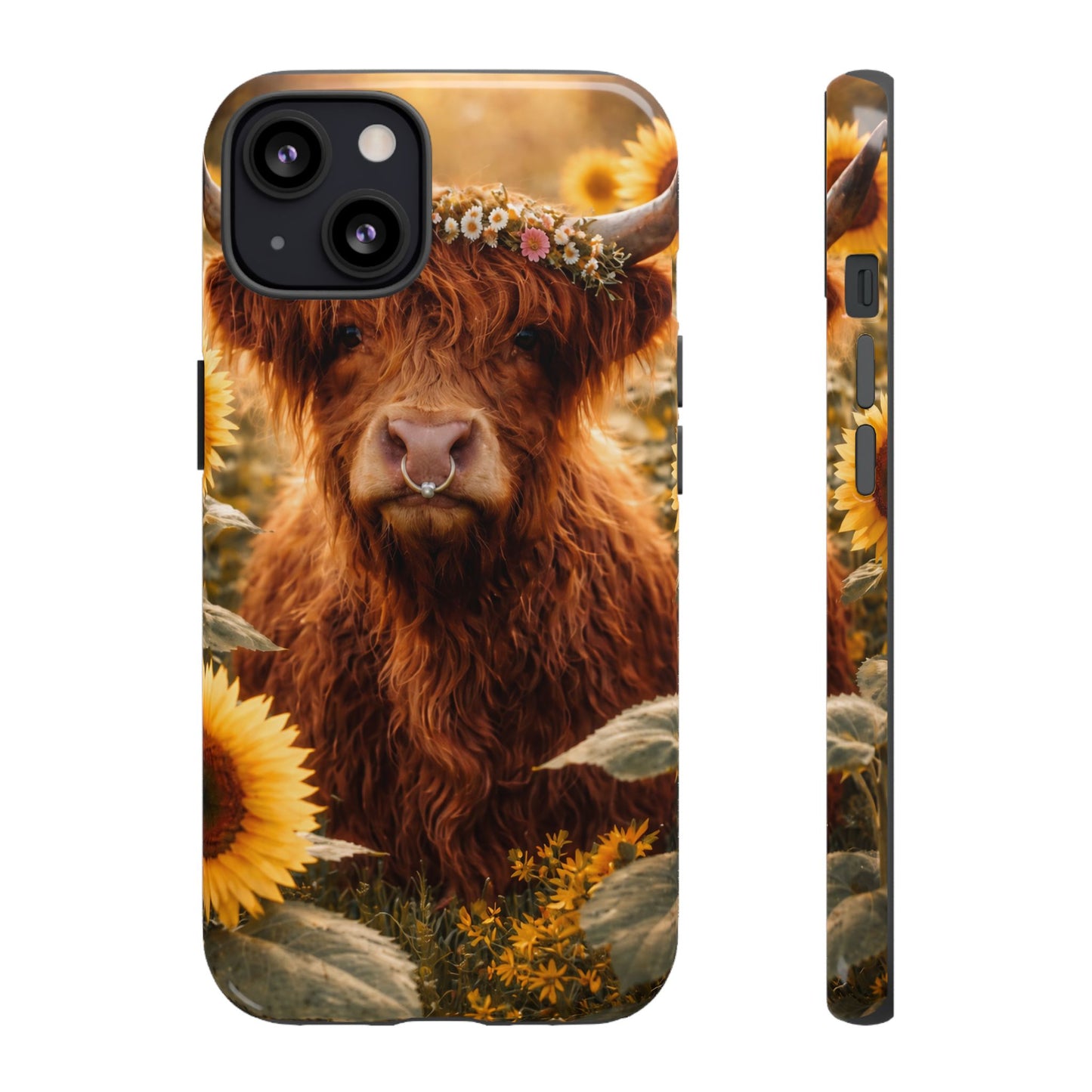 Highland Cow Sunflower Phone Case | Floral Farmhouse iPhone, Samsung Galaxy and Pixel Cover