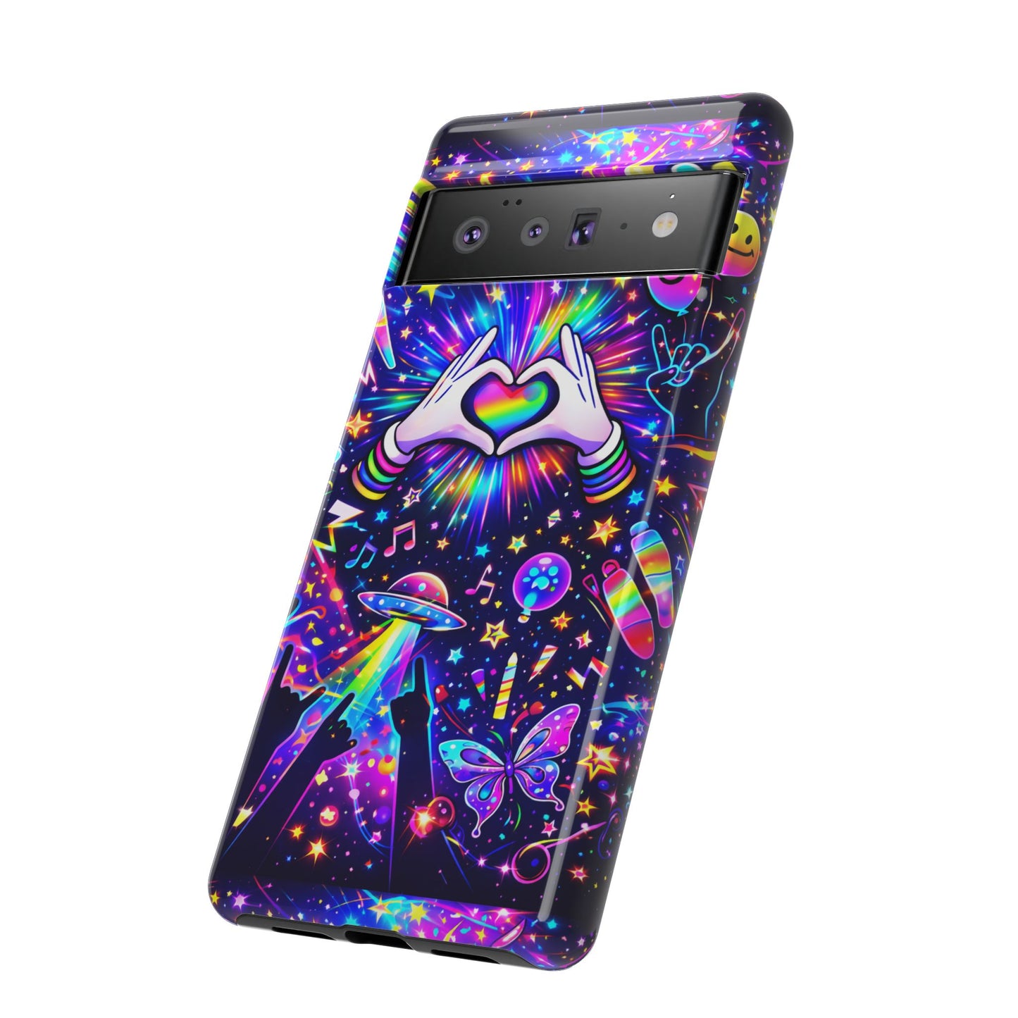 Rainbow Heart Hands Phone Case – Neon Galaxy EDM Festival Tough Cover