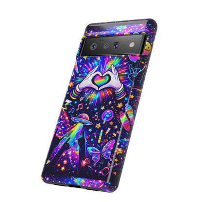 Rainbow Heart Hands Phone Case – Neon Galaxy EDM Festival Tough Cover