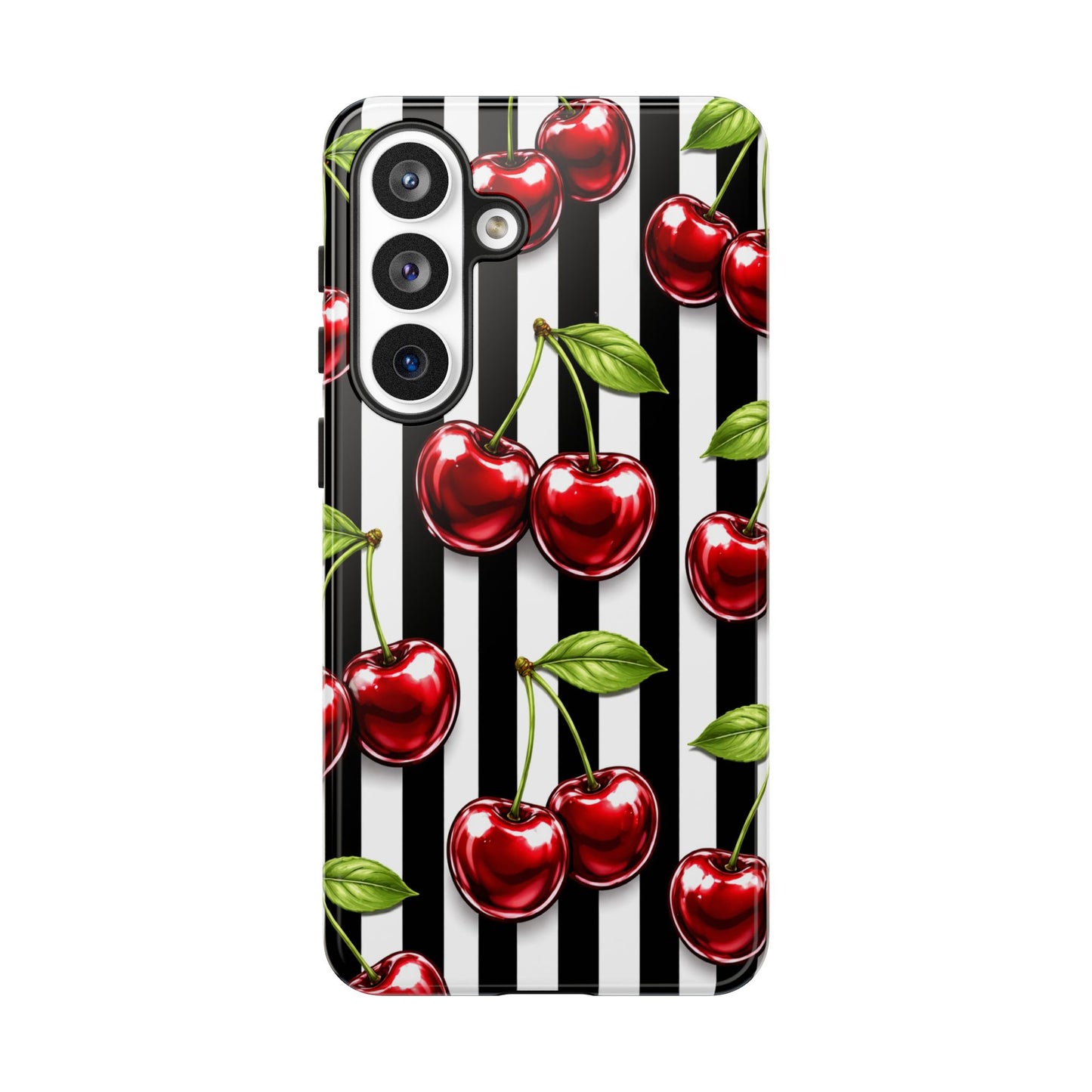 Cherry Pattern Phone Case Black White Stripe Retro Aesthetic Tough Cover