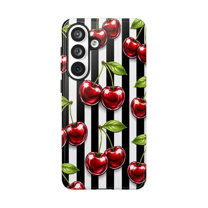 Cherry Pattern Phone Case Black White Stripe Retro Aesthetic Tough Cover