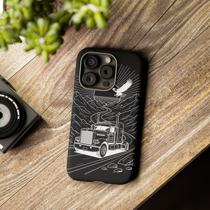 Trucker Highway Phone Case | Eagle & Mountain Line Art | Black Western Tough Case