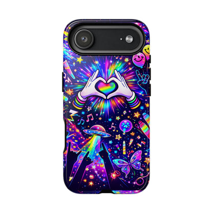 Rainbow Heart Hands Phone Case – Neon Galaxy EDM Festival Tough Cover