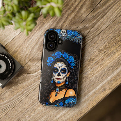 Blue Sugar Skull Woman Phone Case – Day of the Dead Aesthetic Tough Cover