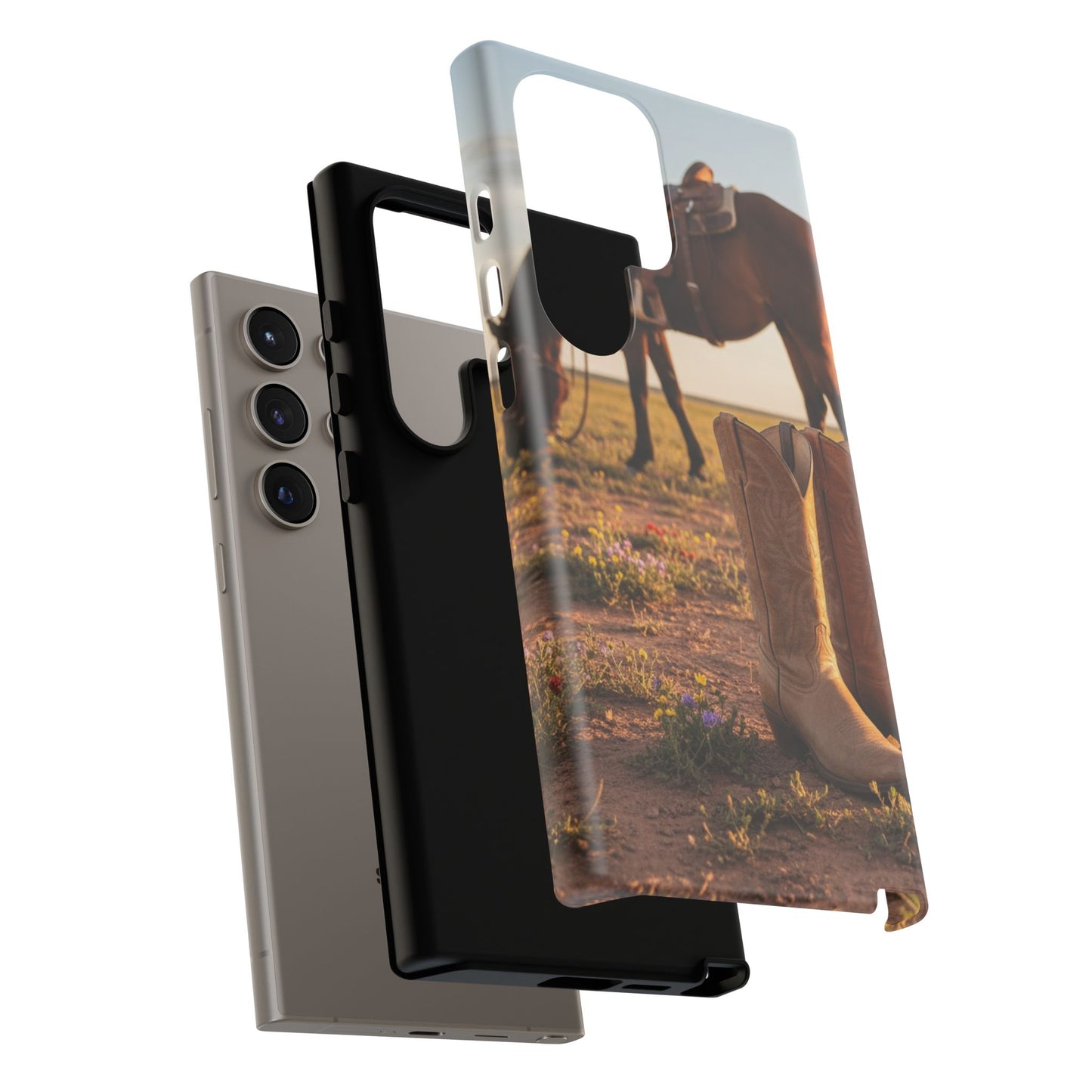 Western Cowboy Boots Phone Case – Rustic Horse Sunset Tough Case (iPhone, Samsung, Pixel)