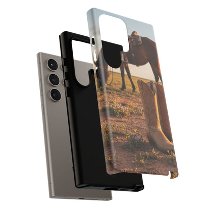 Western Cowboy Boots Phone Case – Rustic Horse Sunset Tough Case (iPhone, Samsung, Pixel)