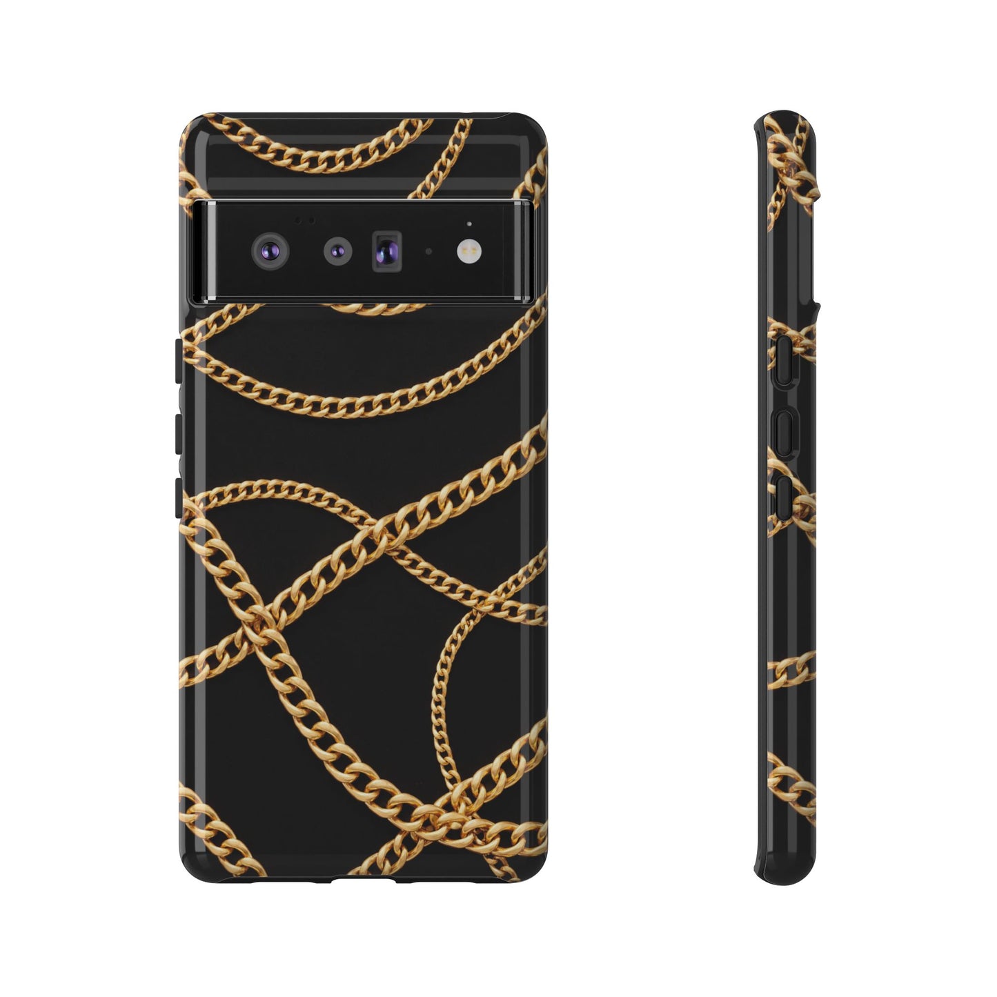 Luxury Gold Chain Phone Case – Black Designer Style Tough Protective Cover for Iphone, Samsung Galaxy and Pixel
