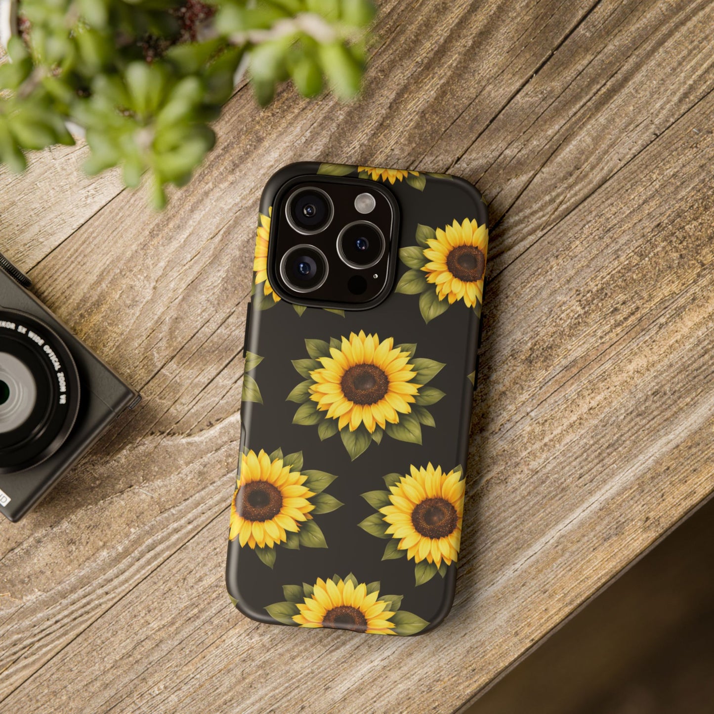 Sunflower Floral Tough Phone Case – Black Background Protective Cover for Iphone, Samsung Galaxy and Pixel