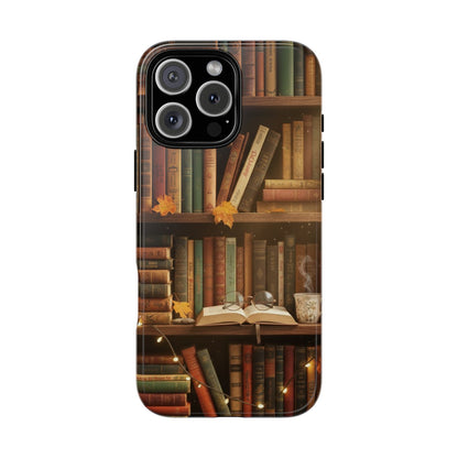 Cozy Vintage Bookshelf Phone Case, Library Aesthetic Book Stack, Autumn Coffee Vibes (iPhone, Samsung, Pixel)