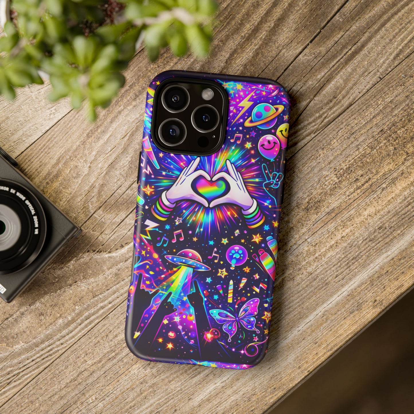 Rainbow Heart Hands Phone Case – Neon Galaxy EDM Festival Tough Cover
