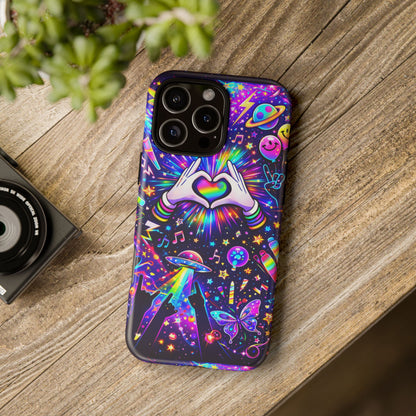 Rainbow Heart Hands Phone Case – Neon Galaxy EDM Festival Tough Cover