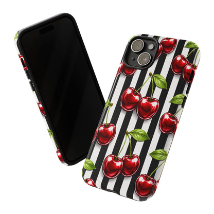 Cherry Pattern Phone Case Black White Stripe Retro Aesthetic Tough Cover