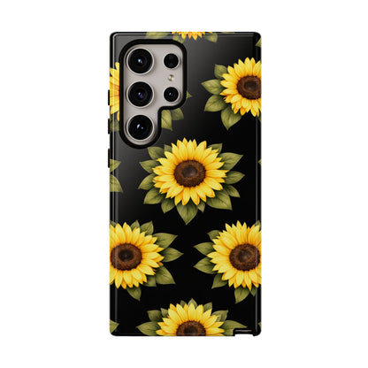 Sunflower Floral Tough Phone Case – Black Background Protective Cover for Iphone, Samsung Galaxy and Pixel