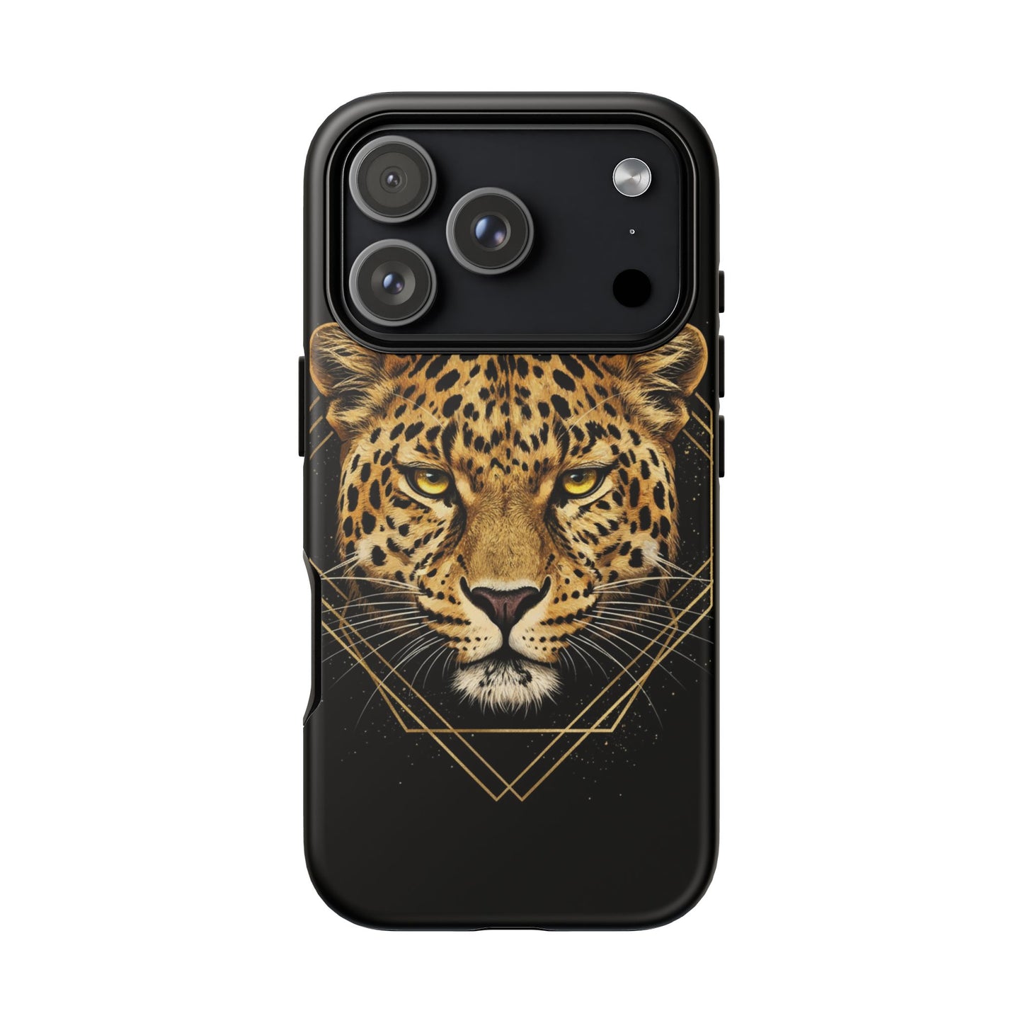Leopard Head Geometric Phone Case – Black & Gold Luxe Tough Case