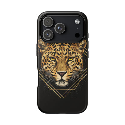 Leopard Head Geometric Phone Case – Black & Gold Luxe Tough Case