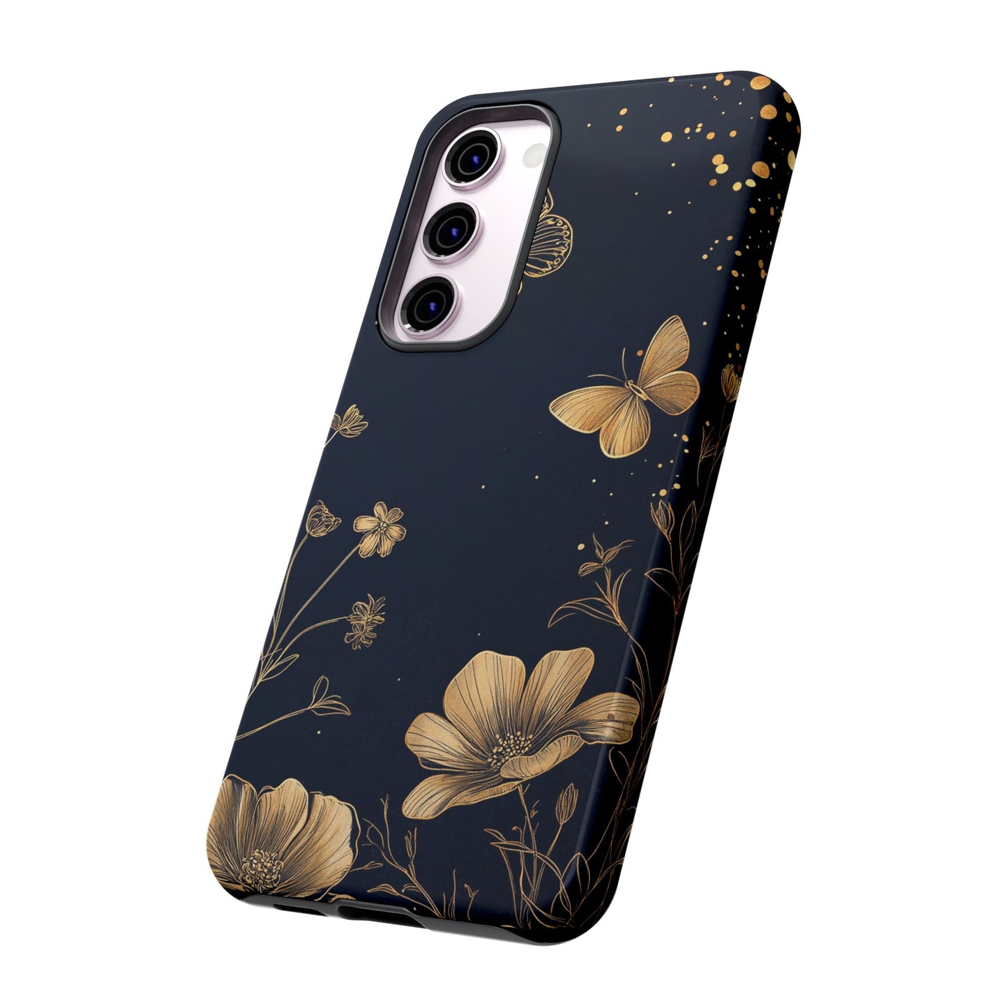 Gold Floral Butterfly Phone Case, Dark Aesthetic Botanical, Elegant Black Luxury iPhone Samsung Cover