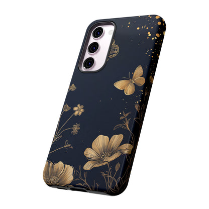 Gold Floral Butterfly Phone Case, Dark Aesthetic Botanical, Elegant Black Luxury iPhone Samsung Cover