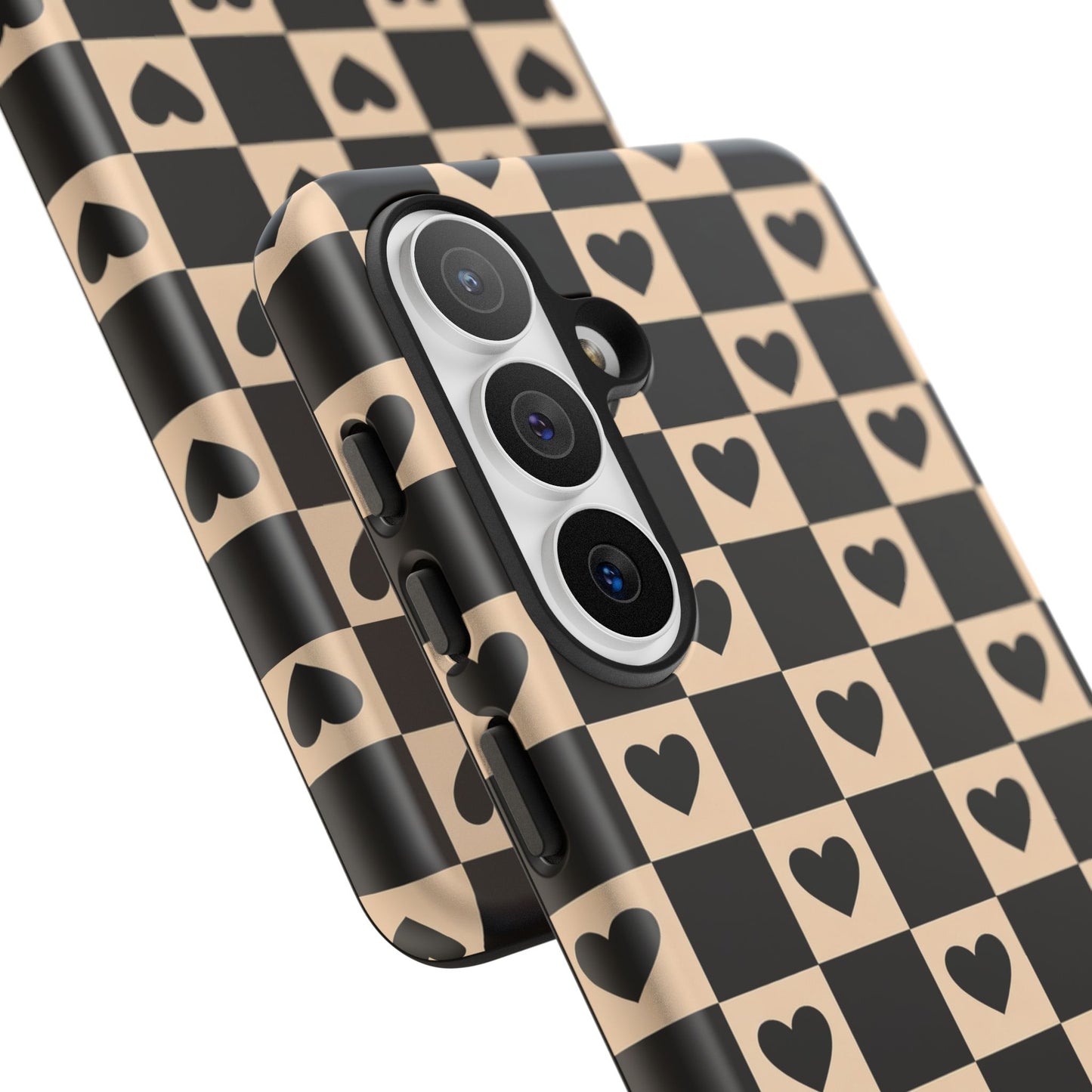 Checkerboard Heart Phone Case – Black & Beige Cute Aesthetic Protective Cover for Iphone, Samsung Galaxy and Pixel