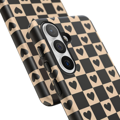 Checkerboard Heart Phone Case – Black & Beige Cute Aesthetic Protective Cover for Iphone, Samsung Galaxy and Pixel