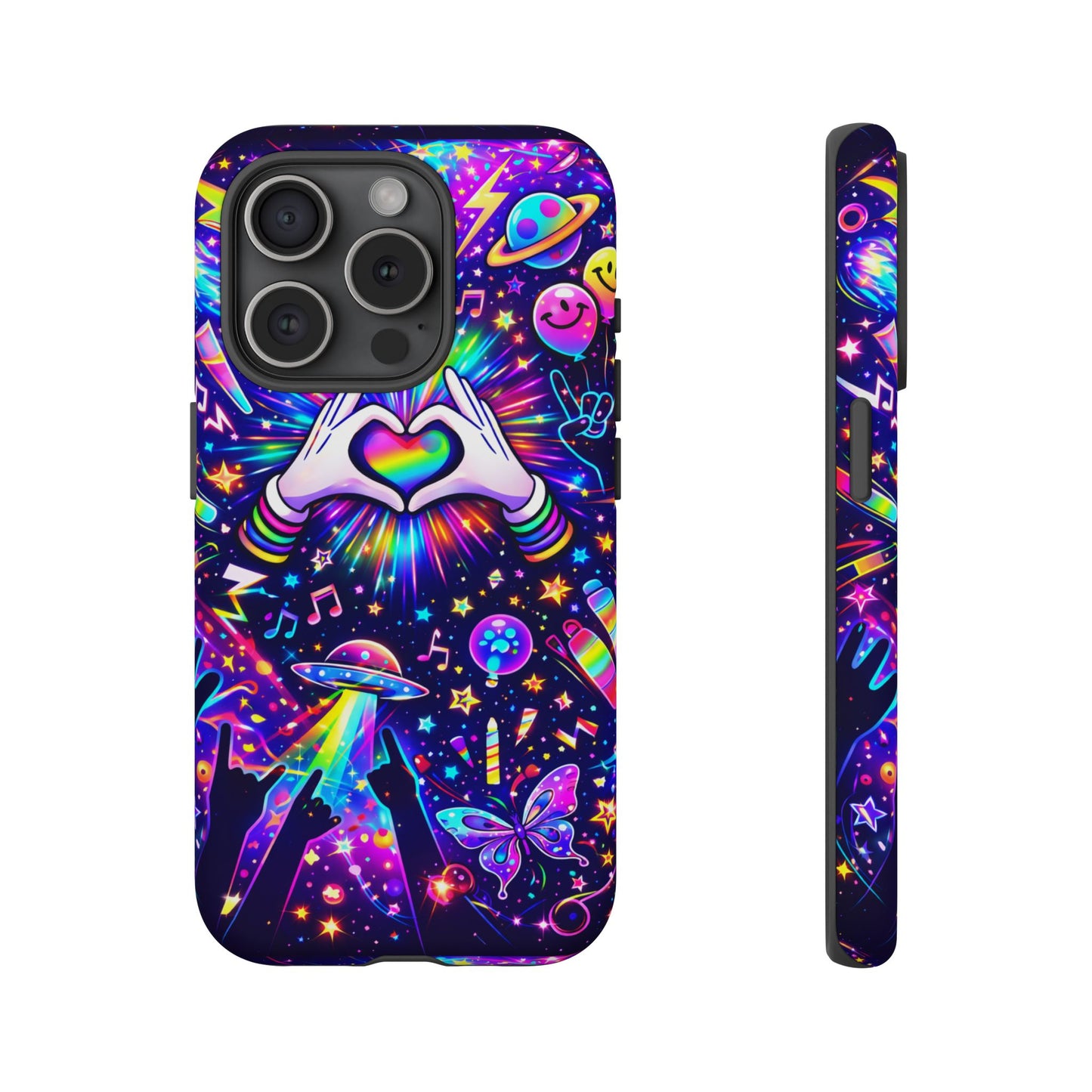 Rainbow Heart Hands Phone Case – Neon Galaxy EDM Festival Tough Cover