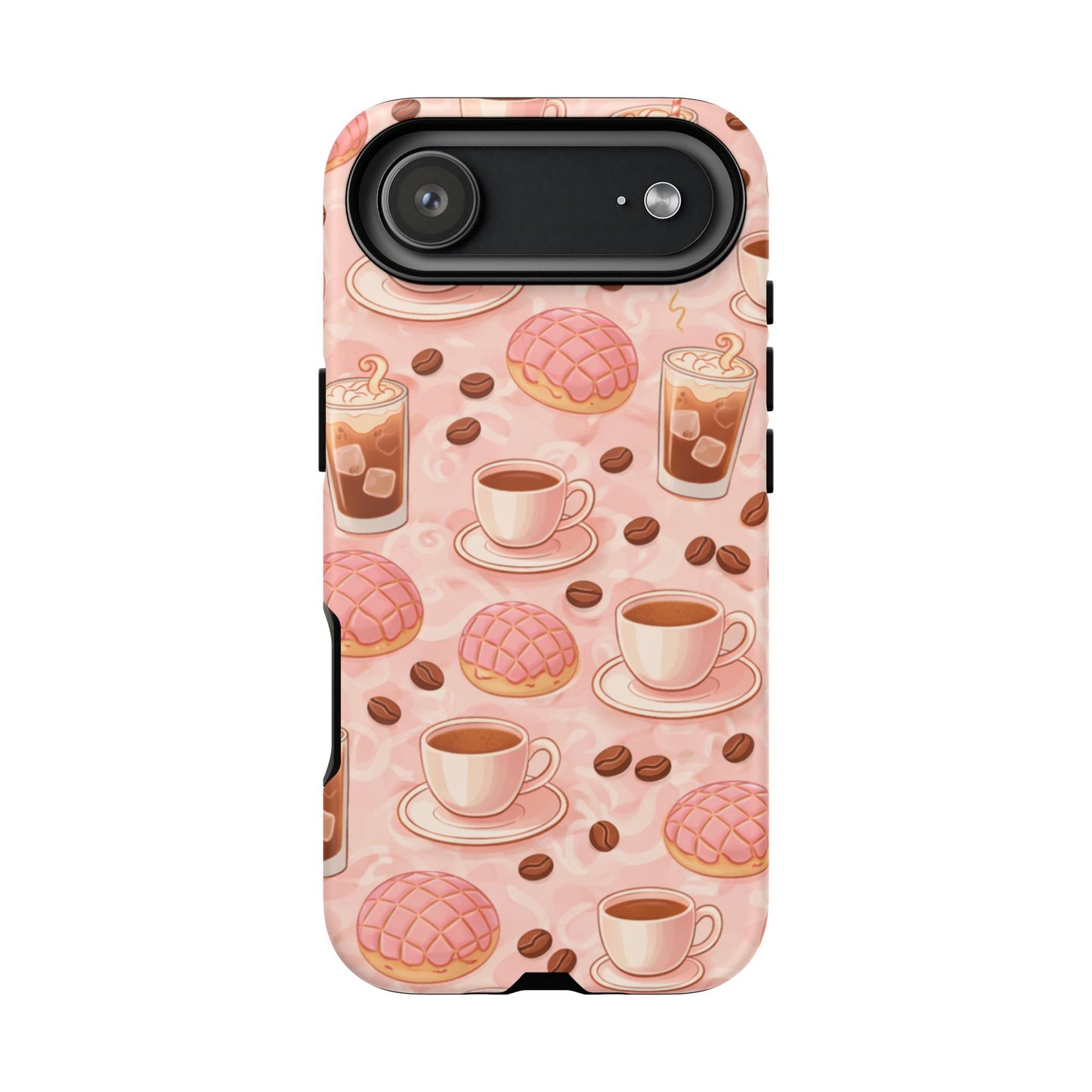 Cute Coffee & Pink Concha Phone Case – Coffee Lover Aesthetic Latte Pattern Tough Case