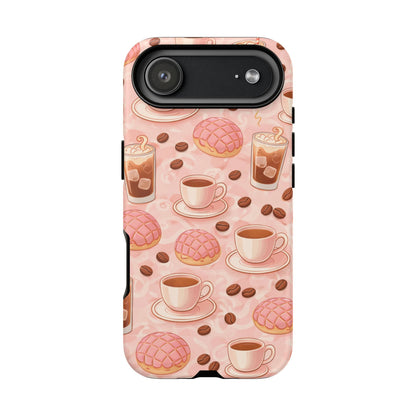 Cute Coffee & Pink Concha Phone Case – Coffee Lover Aesthetic Latte Pattern Tough Case