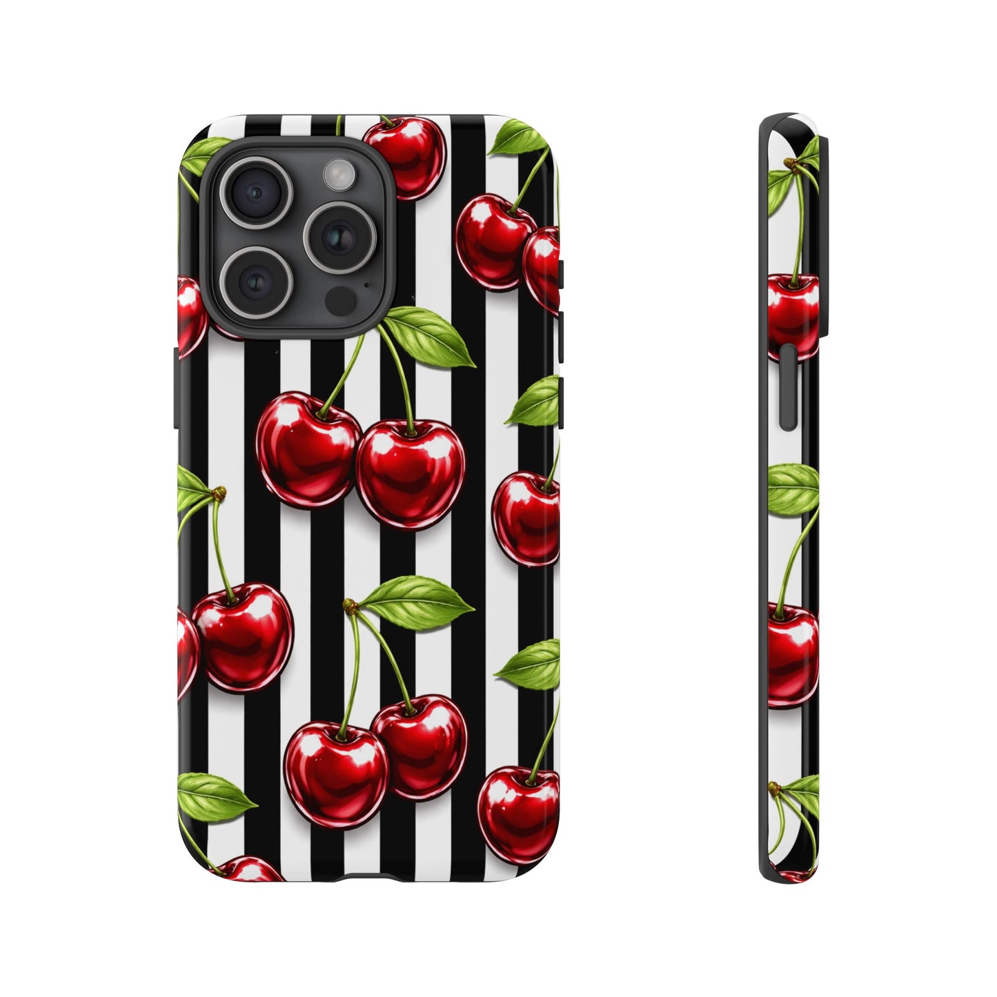 Cherry Pattern Phone Case Black White Stripe Retro Aesthetic Tough Cover