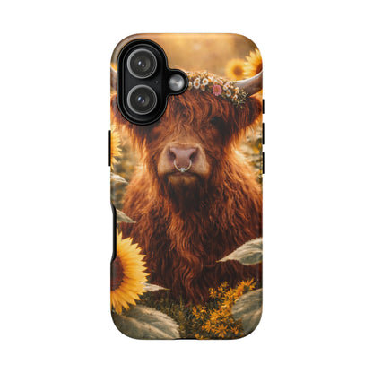 Highland Cow Sunflower Phone Case | Floral Farmhouse iPhone, Samsung Galaxy and Pixel Cover