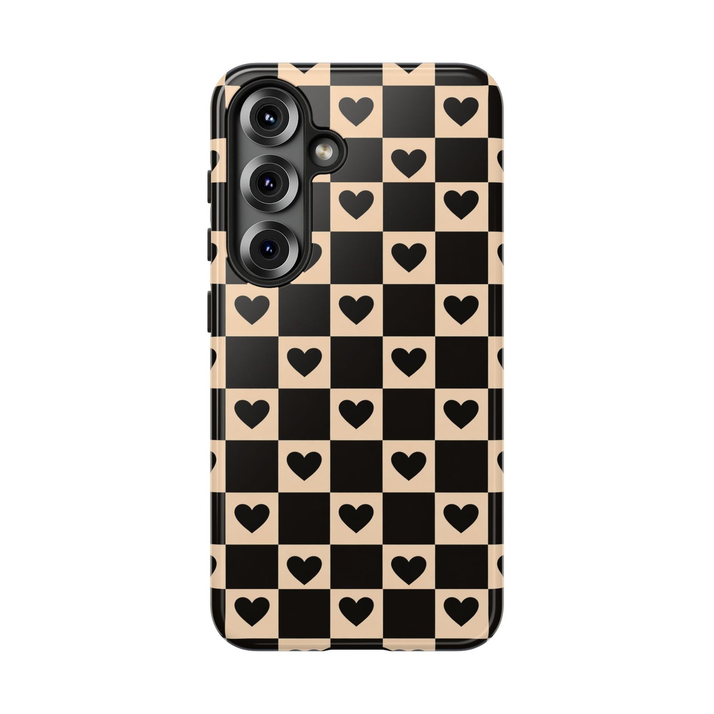 Checkerboard Heart Phone Case – Black & Beige Cute Aesthetic Protective Cover for Iphone, Samsung Galaxy and Pixel