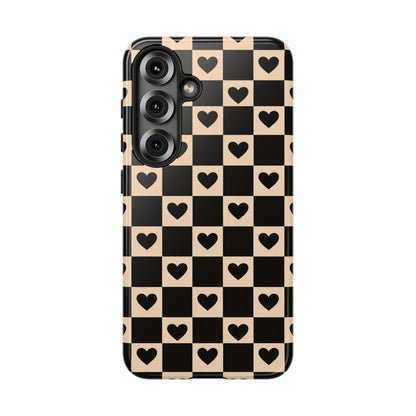 Checkerboard Heart Phone Case – Black & Beige Cute Aesthetic Protective Cover for Iphone, Samsung Galaxy and Pixel