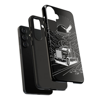 Trucker Highway Phone Case | Eagle & Mountain Line Art | Black Western Tough Case