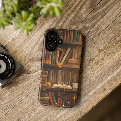 Cozy Vintage Bookshelf Phone Case, Library Aesthetic Book Stack, Autumn Coffee Vibes (iPhone, Samsung, Pixel)