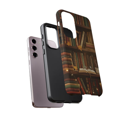 Cozy Vintage Bookshelf Phone Case, Library Aesthetic Book Stack, Autumn Coffee Vibes (iPhone, Samsung, Pixel)