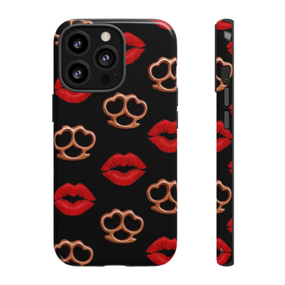 Red Lipstick & Knuckle Duster Phone Case | Bold Kiss Print Tough Protective Cover for Iphone, Samsung Galaxy and Pixel