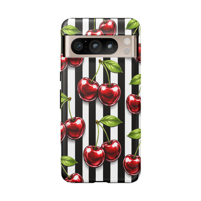 Cherry Pattern Phone Case Black White Stripe Retro Aesthetic Tough Cover
