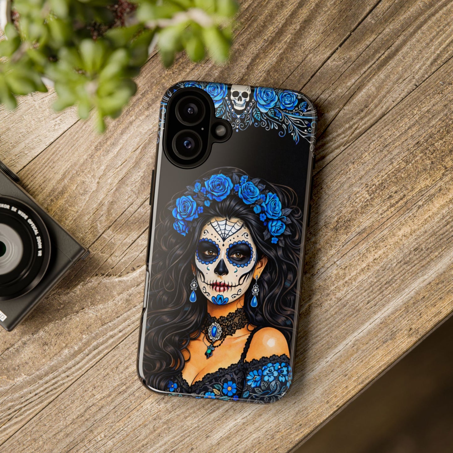 Blue Sugar Skull Woman Phone Case – Day of the Dead Aesthetic Tough Cover