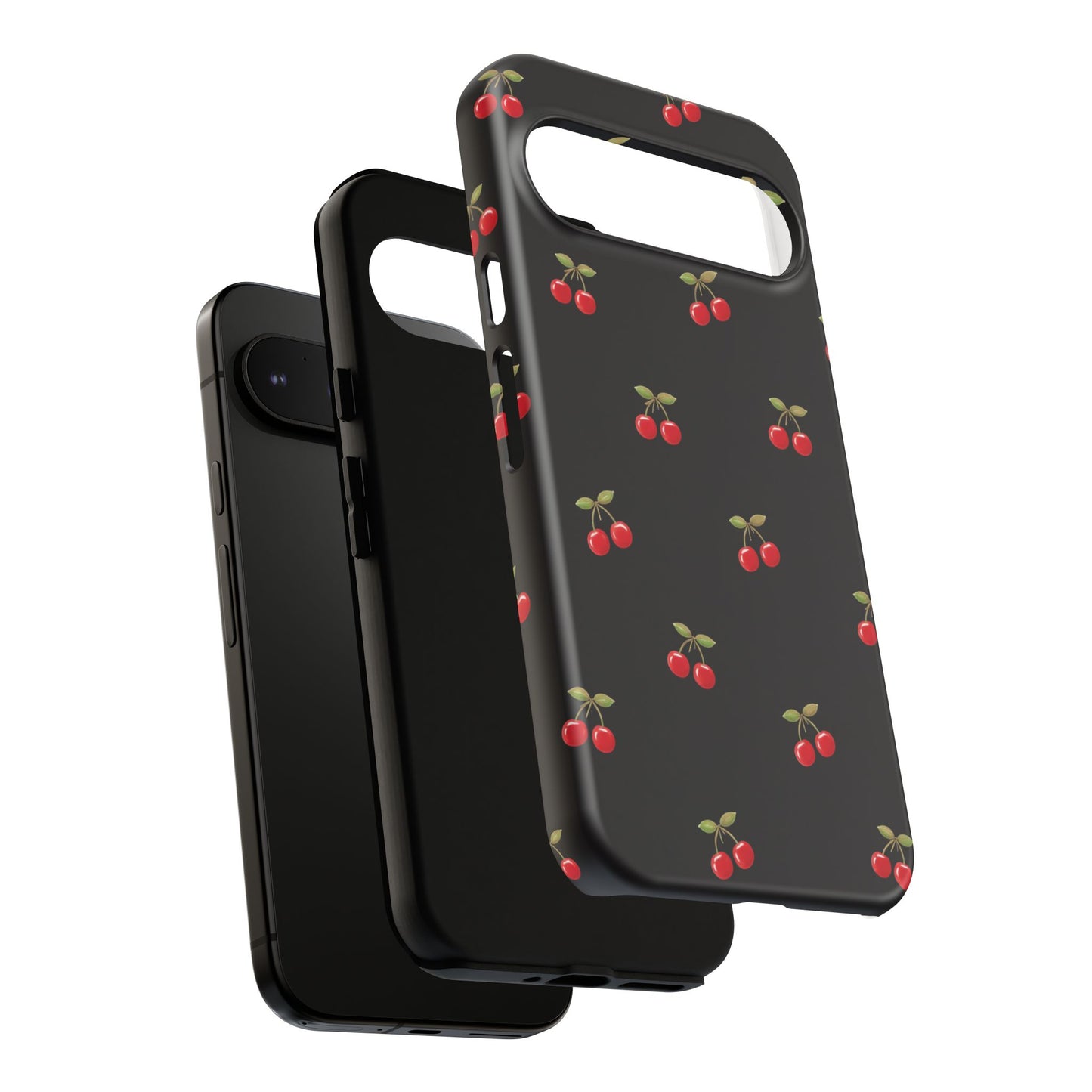 Cherry Pattern Phone Case — Slim Black Protective iPhone Case with Red Cherries for Iphone, Samsung Galaxy and Pixel