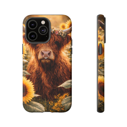 Highland Cow Sunflower Phone Case | Floral Farmhouse iPhone, Samsung Galaxy and Pixel Cover