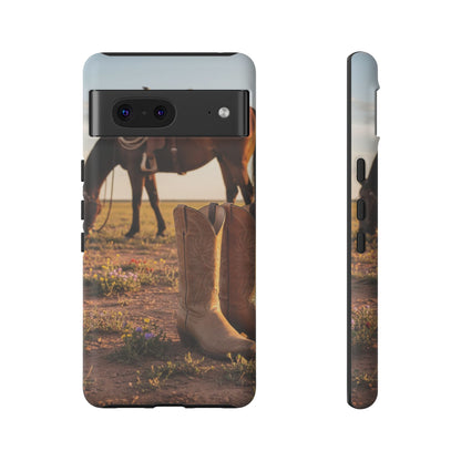 Western Cowboy Boots Phone Case – Rustic Horse Sunset Tough Case (iPhone, Samsung, Pixel)