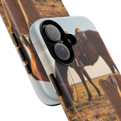 Western Cowboy Boots Phone Case – Rustic Horse Sunset Tough Case (iPhone, Samsung, Pixel)