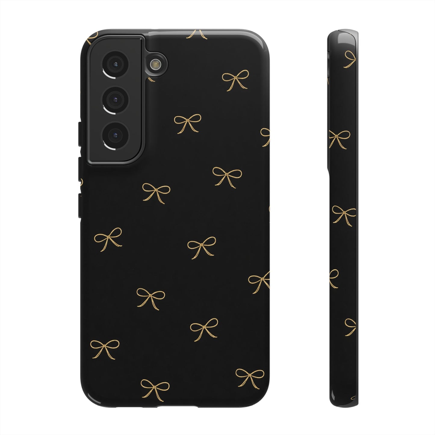 Black Phone Case with Gold Bow Pattern – Slim Protective Cute Aesthetic Cover for Iphone, Samsung Galaxy and Pixel
