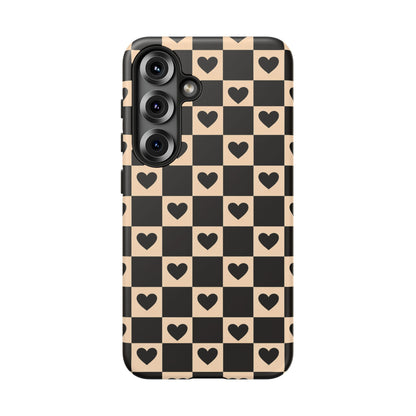 Checkerboard Heart Phone Case – Black & Beige Cute Aesthetic Protective Cover for Iphone, Samsung Galaxy and Pixel