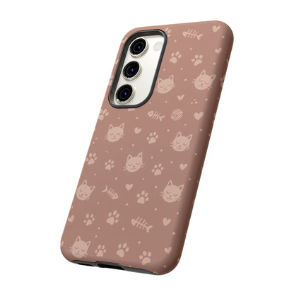 Cute Cat Pattern Phone Case | Paw Prints, Fishbone & Yarn Design Tough Case