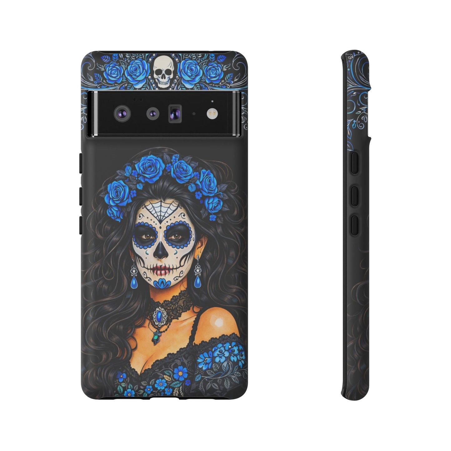 Blue Sugar Skull Woman Phone Case – Day of the Dead Aesthetic Tough Cover