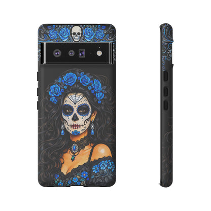Blue Sugar Skull Woman Phone Case – Day of the Dead Aesthetic Tough Cover