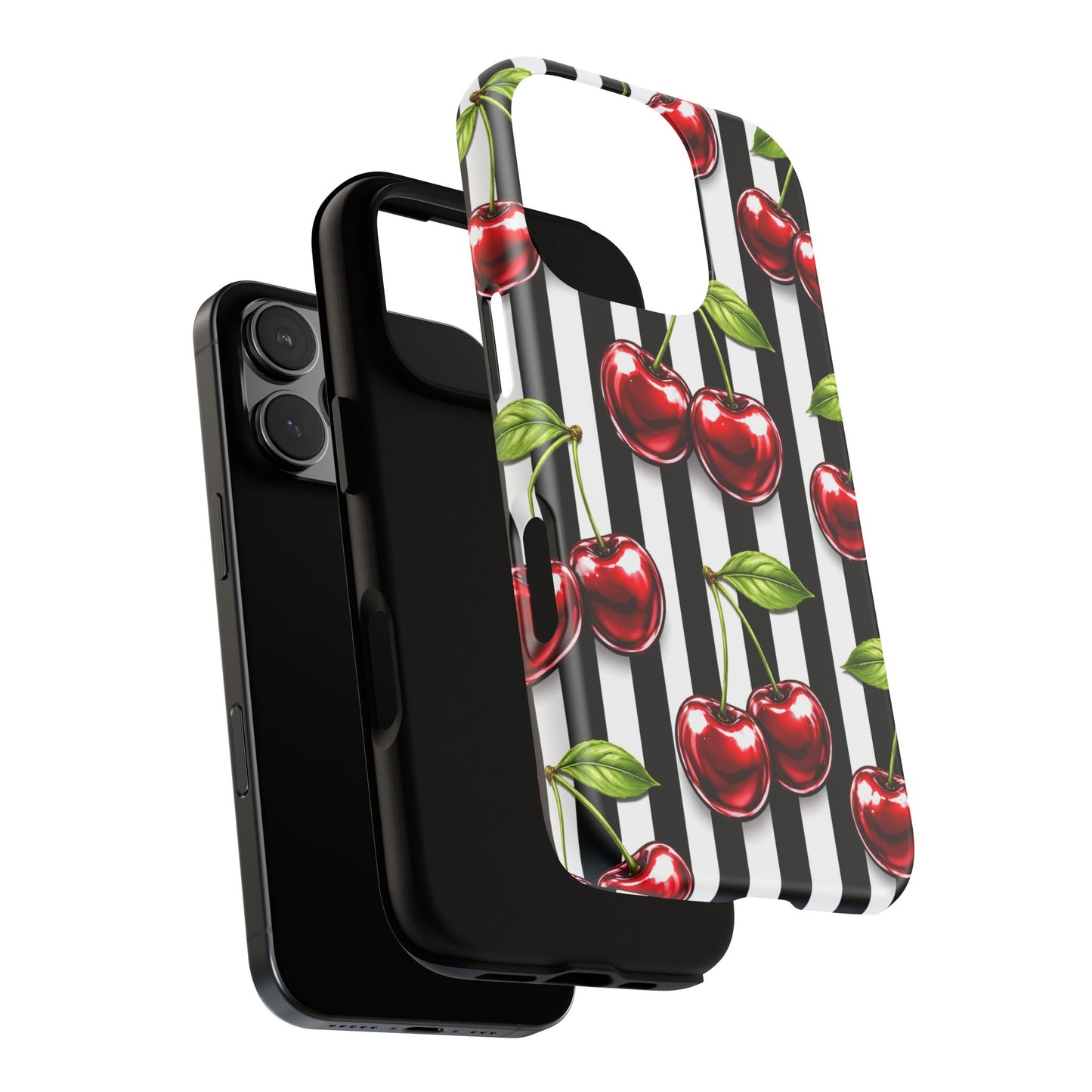 Cherry Pattern Phone Case Black White Stripe Retro Aesthetic Tough Cover