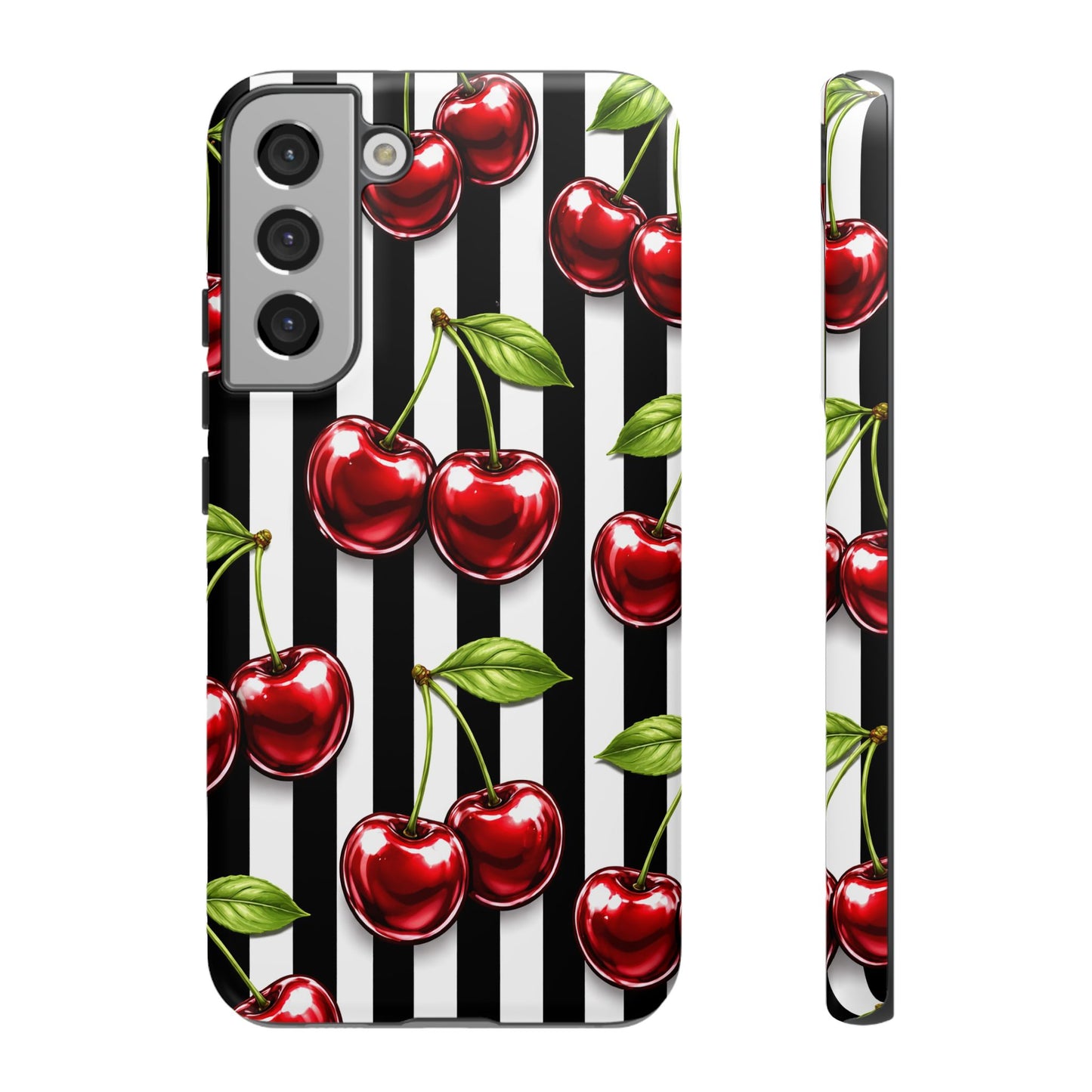 Cherry Pattern Phone Case Black White Stripe Retro Aesthetic Tough Cover