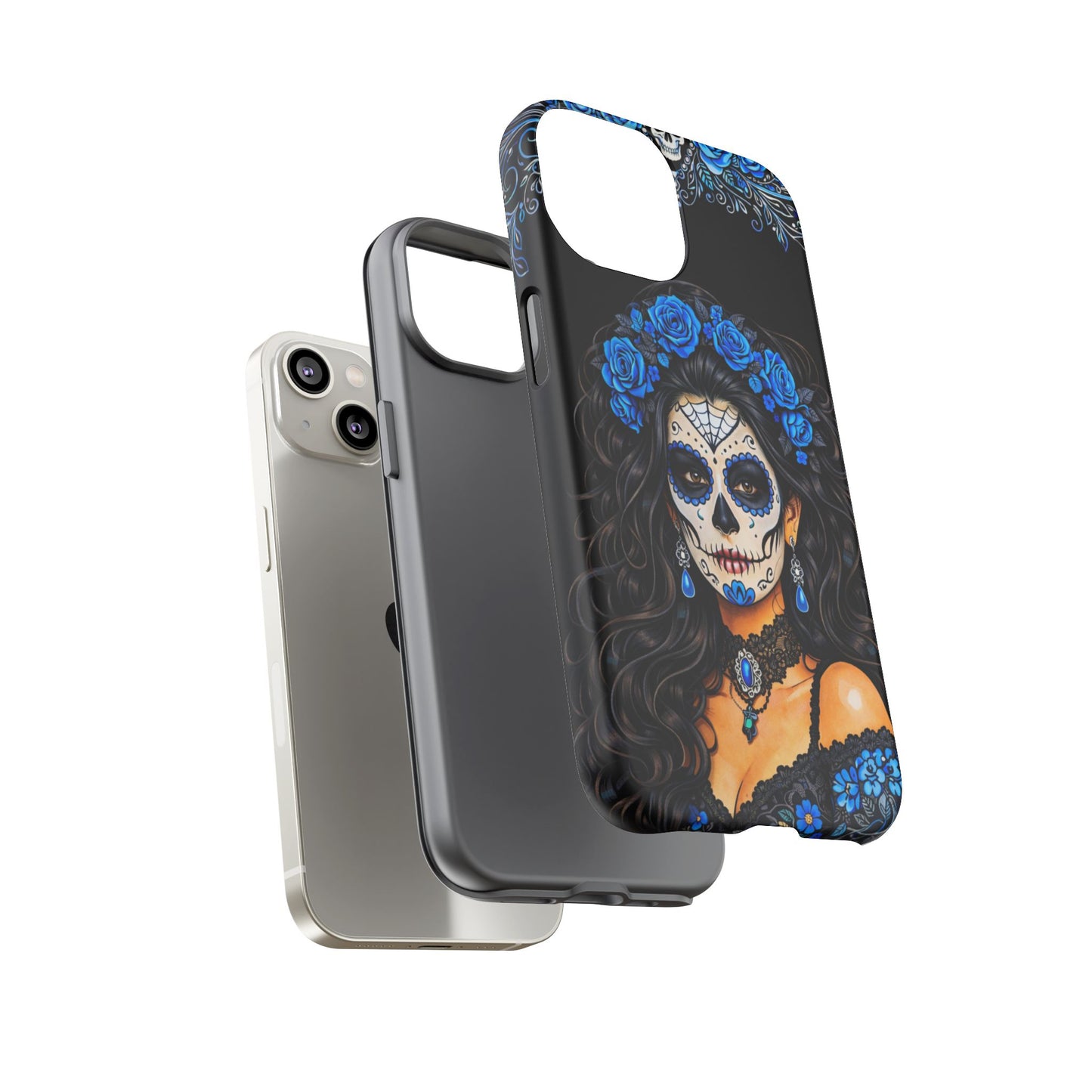 Blue Sugar Skull Woman Phone Case – Day of the Dead Aesthetic Tough Cover
