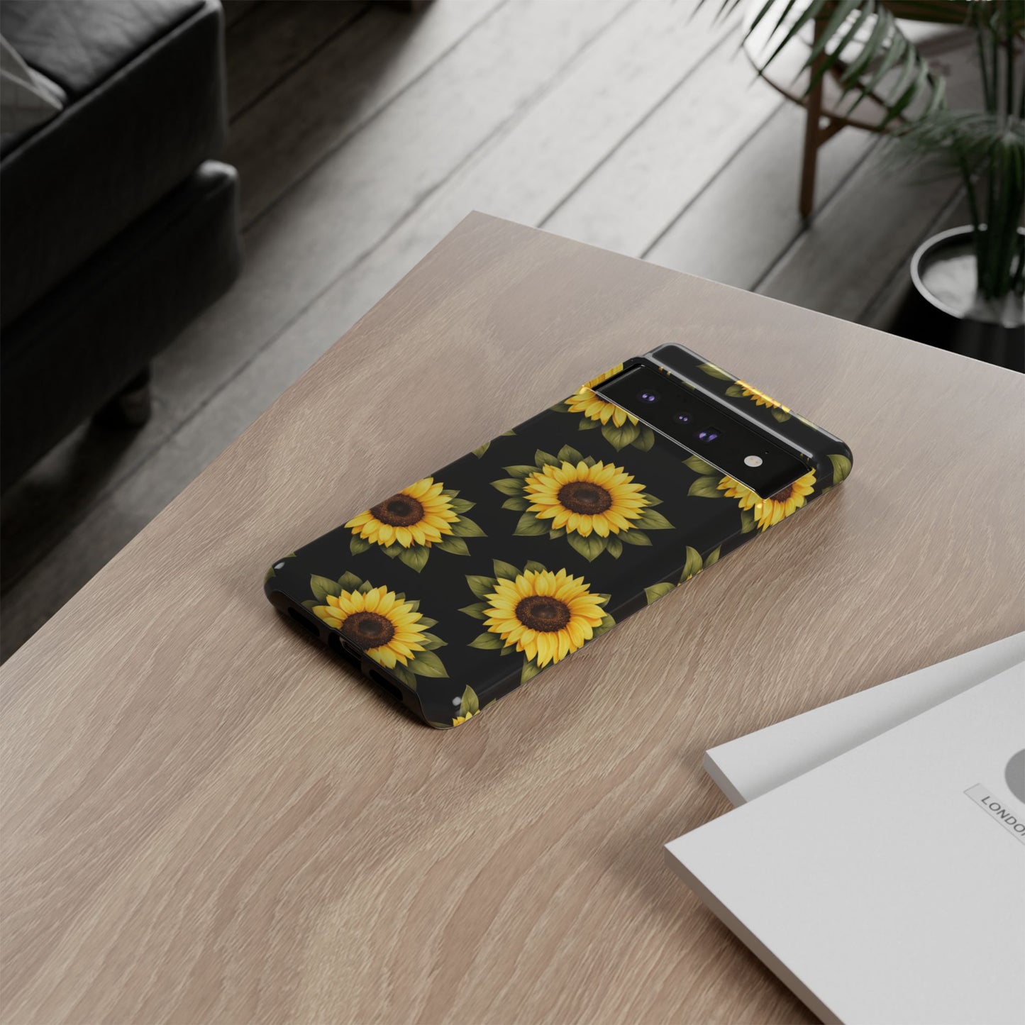 Sunflower Floral Tough Phone Case – Black Background Protective Cover for Iphone, Samsung Galaxy and Pixel